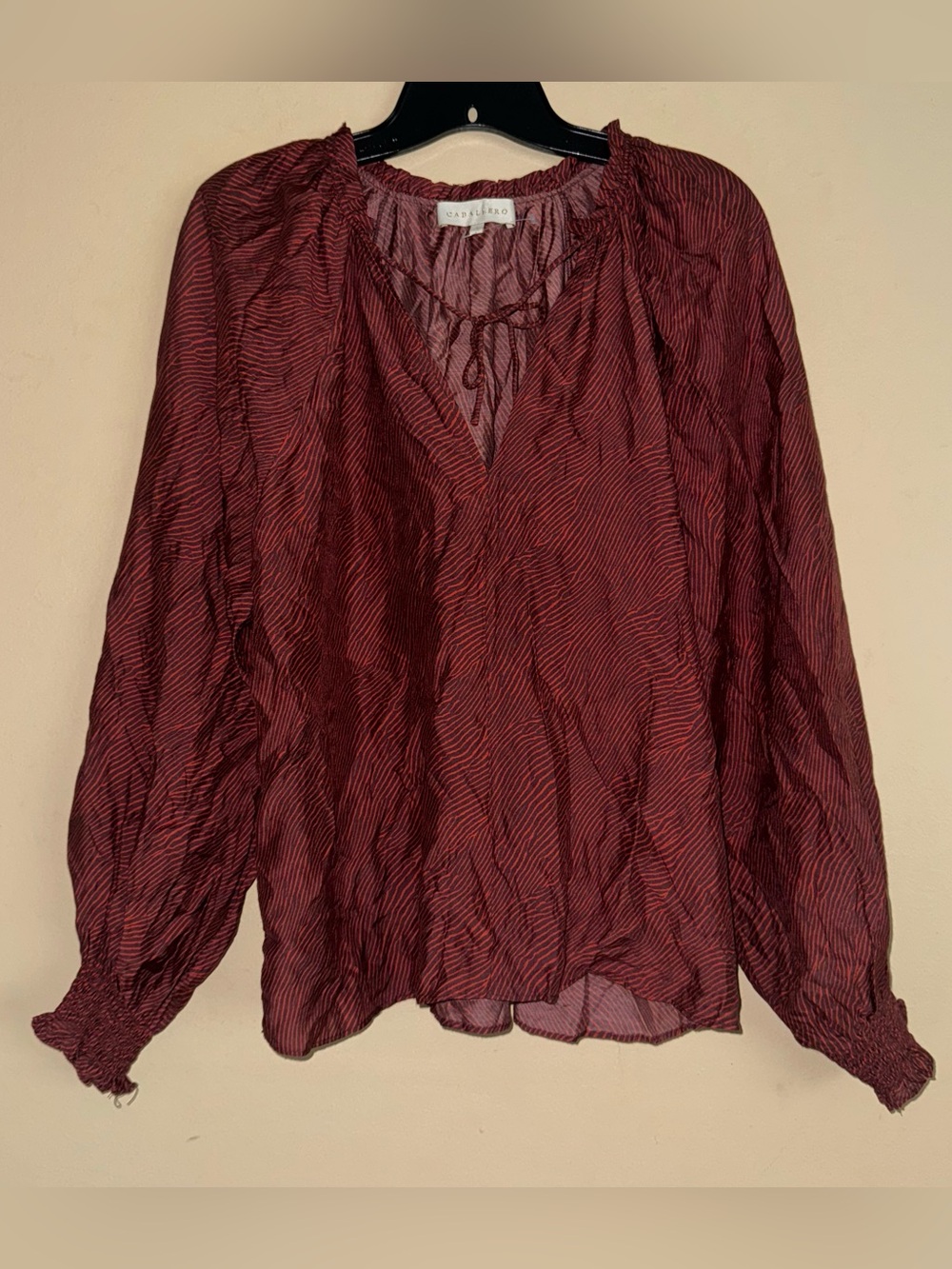 Caballero Red Silk Blend Tie Neck Long Sleeve Boho Blouse Size S NWOT!